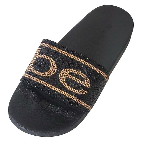 NWT BEBE WOMEN'S BLACK RHINESTONES SLIDES SANDALS - Picture 4 of 8